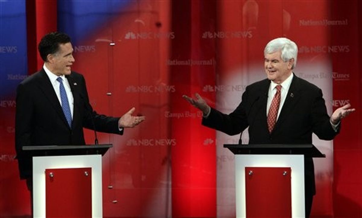Republican presidential candidates former Massachusetts Gov. Mitt Romney and former House Speaker Newt Gingrich (AP Photo/Paul Sancya)   (AP)