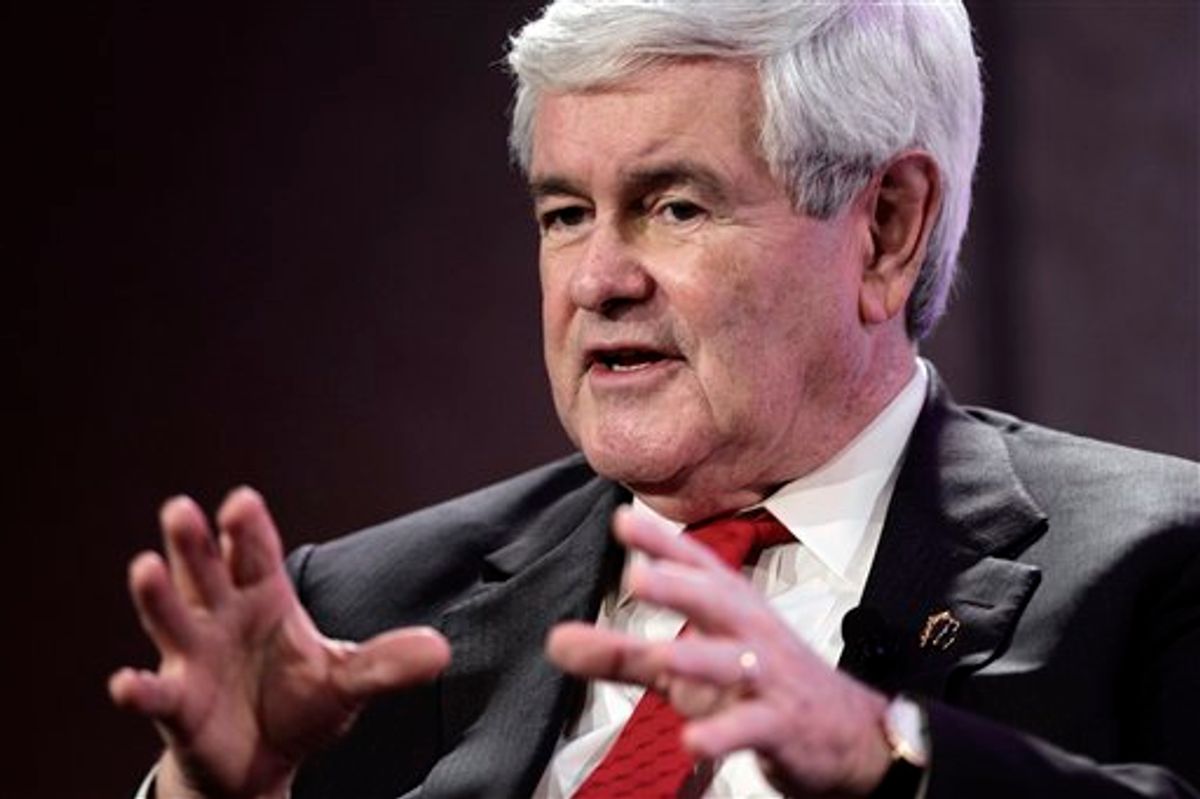 Republican presidential candidate, former House Speaker Newt Gingrich, speaks at the Personhood USA forum in Greenville, S.C., Wednesday, Jan. 18, 2012.  (AP Photo/Paul Sancya)       (AP)
