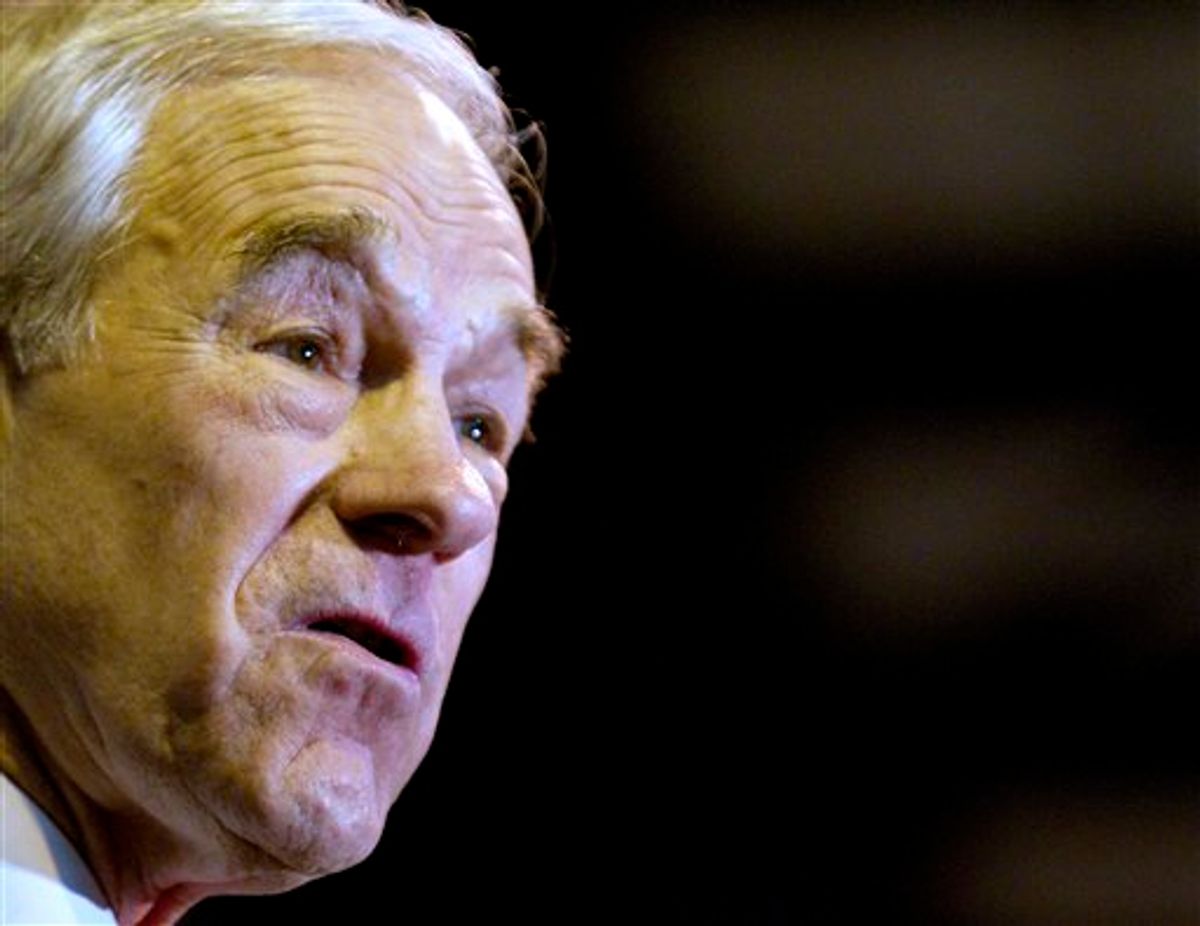 Rep. Ron Paul, R-Texas, speaks during a campaign stop Wednesday in West Columbia, S.C. (AP Photo/David Goldman)     (AP)