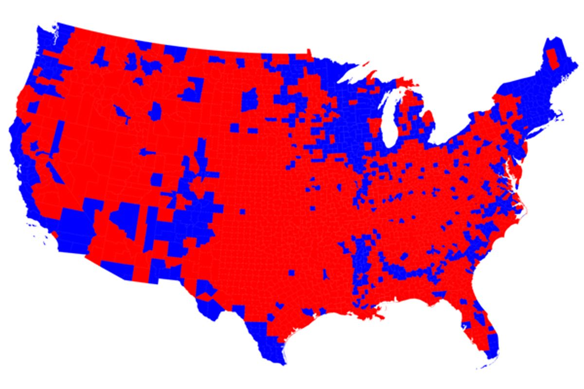 A map of US counties, colored red and blue to indicate Republican and Democratic results during the 2008 Presidential election.   (<a href='http://www-personal.umich.edu/~mejn/election/2008/'>M.E.J. Neuman</a>)