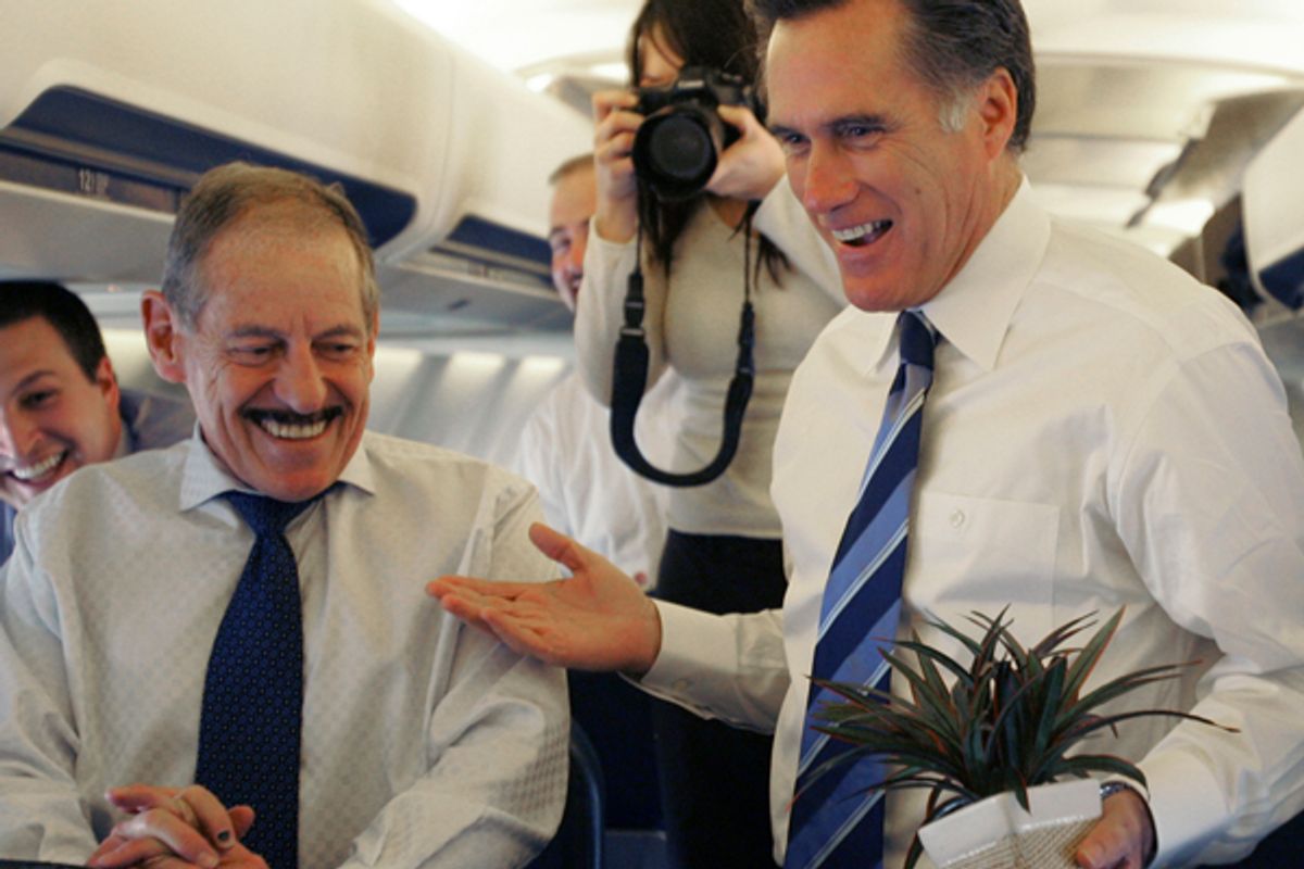 Mitt Romney, right, makes a joke with advisor Ron Kaufman and a potted plant on his campaign charter plane in Feb., 2008.       (AP/LM Otero)