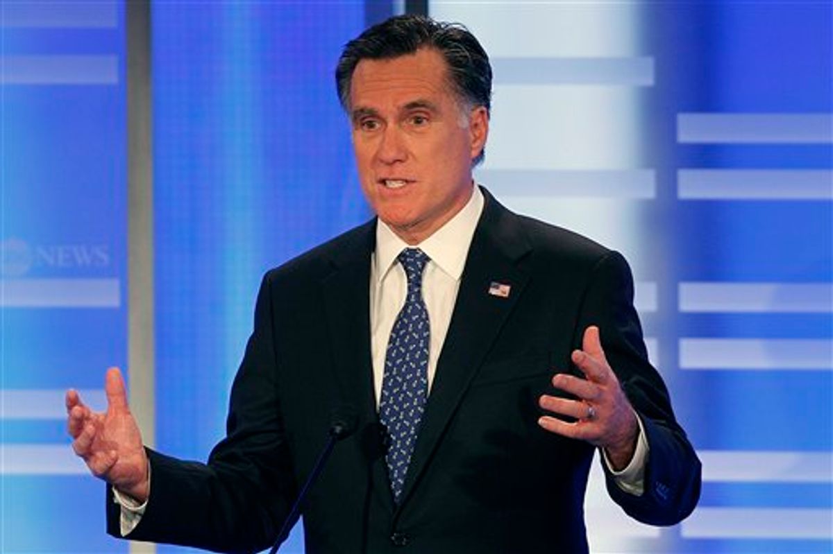 Former Massachusetts Gov. Mitt Romney answers a question during a Republican presidential candidate debate at Saint Anselm College in Manchester, N.H., Saturday, Jan. 7, 2012. (AP Photo/Elise Amendola)   (AP)
