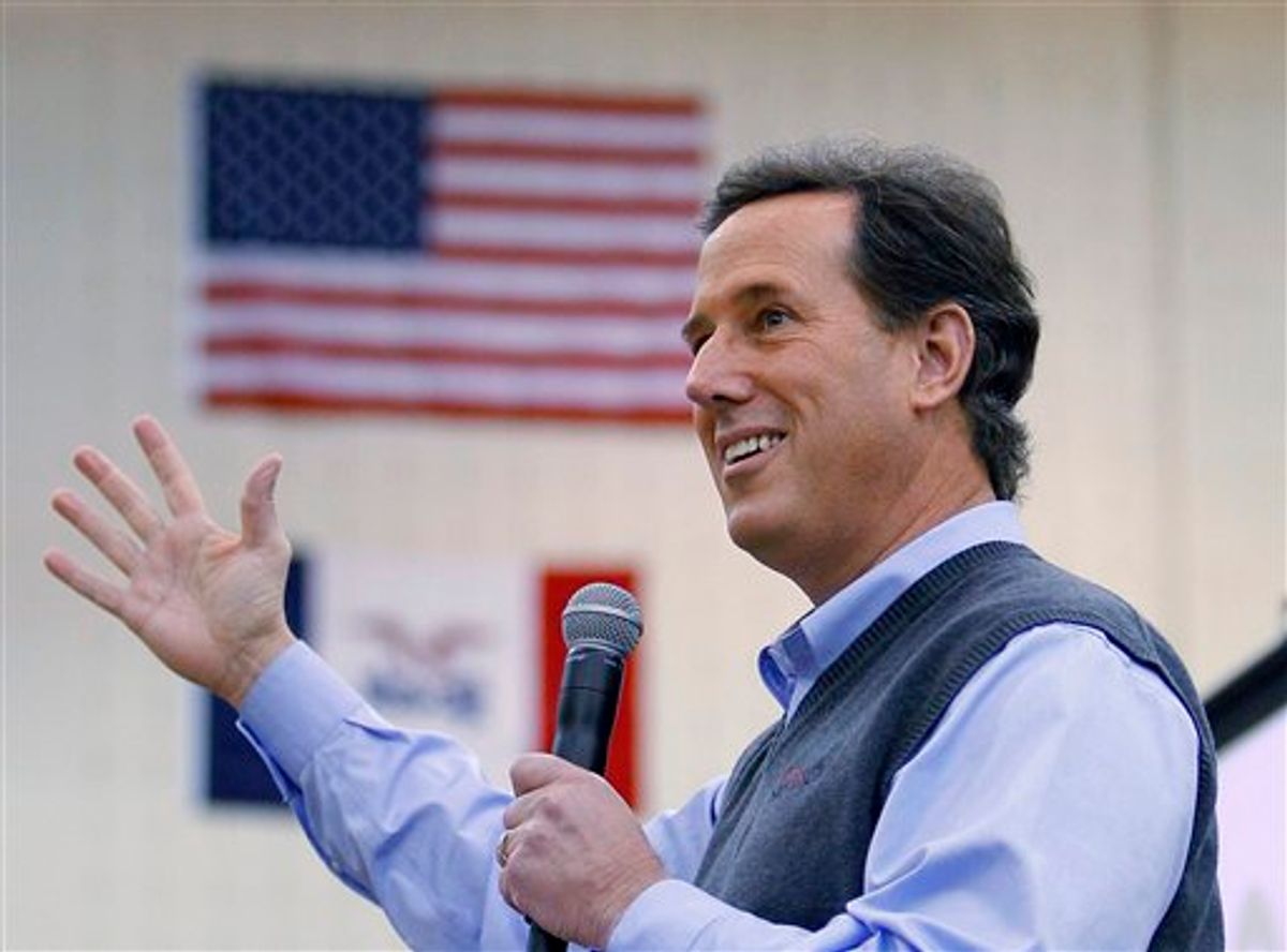 Republican presidential candidate, former Pennsylvania Sen. Rick Santorum speaks during a forum at Valley High School, Tuesday, Jan. 3, 2012, in West Des Moines, Iowa. (AP Photo/Eric Gay)     (AP)