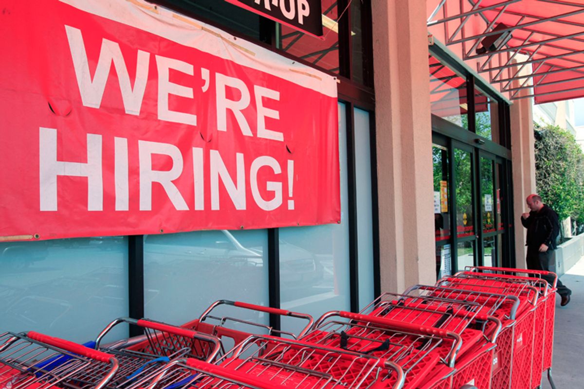 A "We're Hiring!" sign is shown at Office Depot in Mountain View, Calif.           (AP/Paul Sakuma)