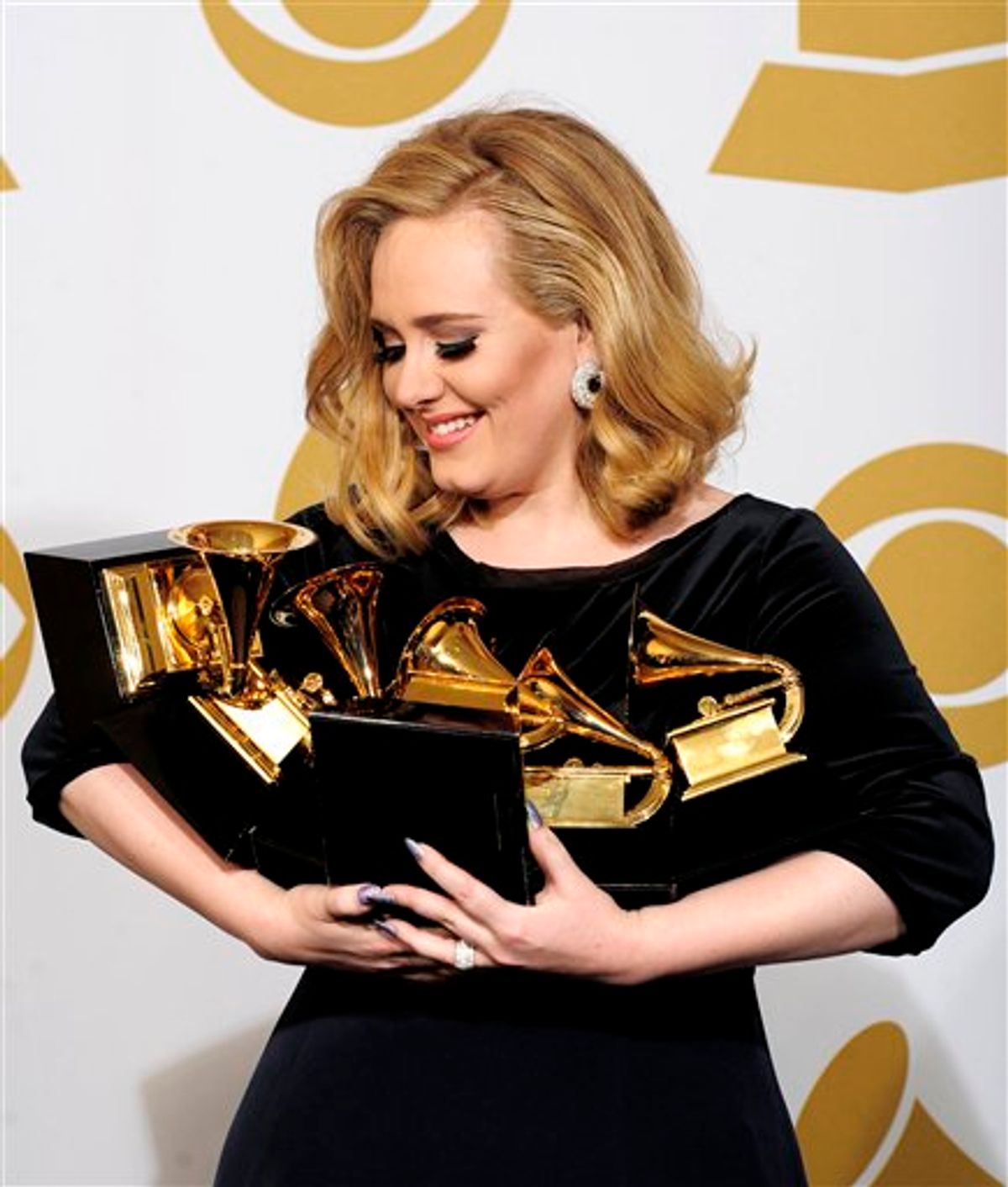 Adele poses backstage with her six awards at the 54th annual Grammy Awards on Sunday, Feb. 12, 2012 in Los Angeles. Adele won awards for best pop solo performance for "Someone Like You," song of the year, record of the year, and best short form music video for "Rolling in the Deep," and album of the year and best pop vocal album for "21." (AP Photo/Mark J. Terrill)      (AP)