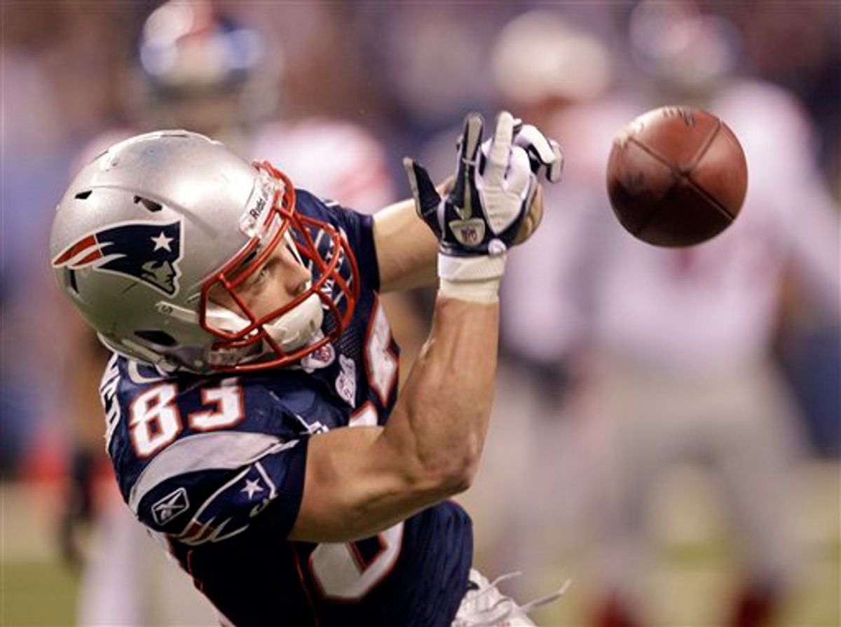 New England Patriots wide receiver Wes Welker drops a pass during the second half of the NFL Super Bowl XLVI football game against the New York Giants, Sunday, Feb. 5, 2012, in Indianapolis.       (AP/Matt Slocum)