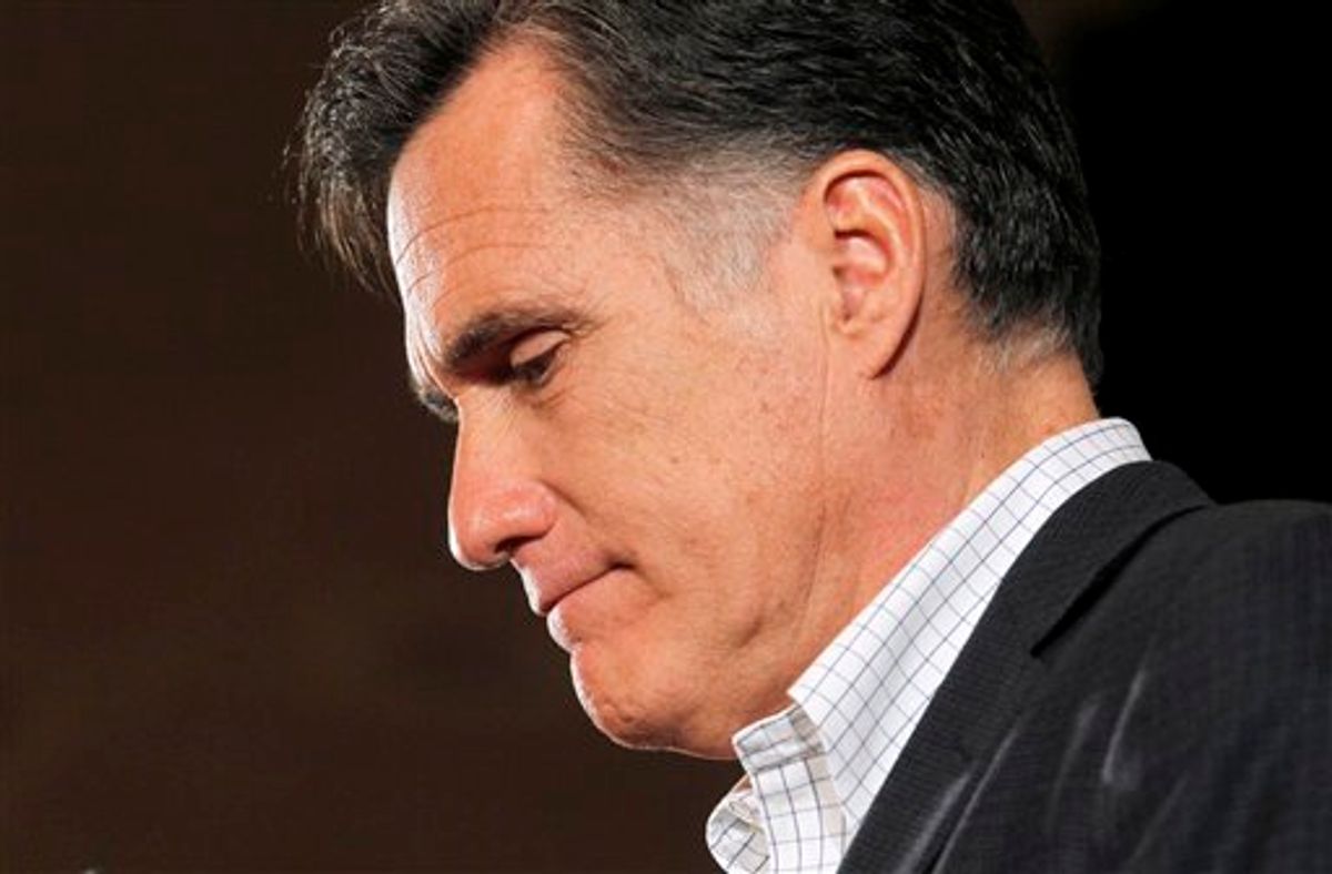 Republican presidential candidate, former Massachusetts Gov. Mitt Romney pauses while speaking at the Livonia Chamber of Commerce luncheon in Farmington Hills, Mich., Thursday, Feb. 16, 2012. (AP Photo/Gerald Herbert)     (AP)