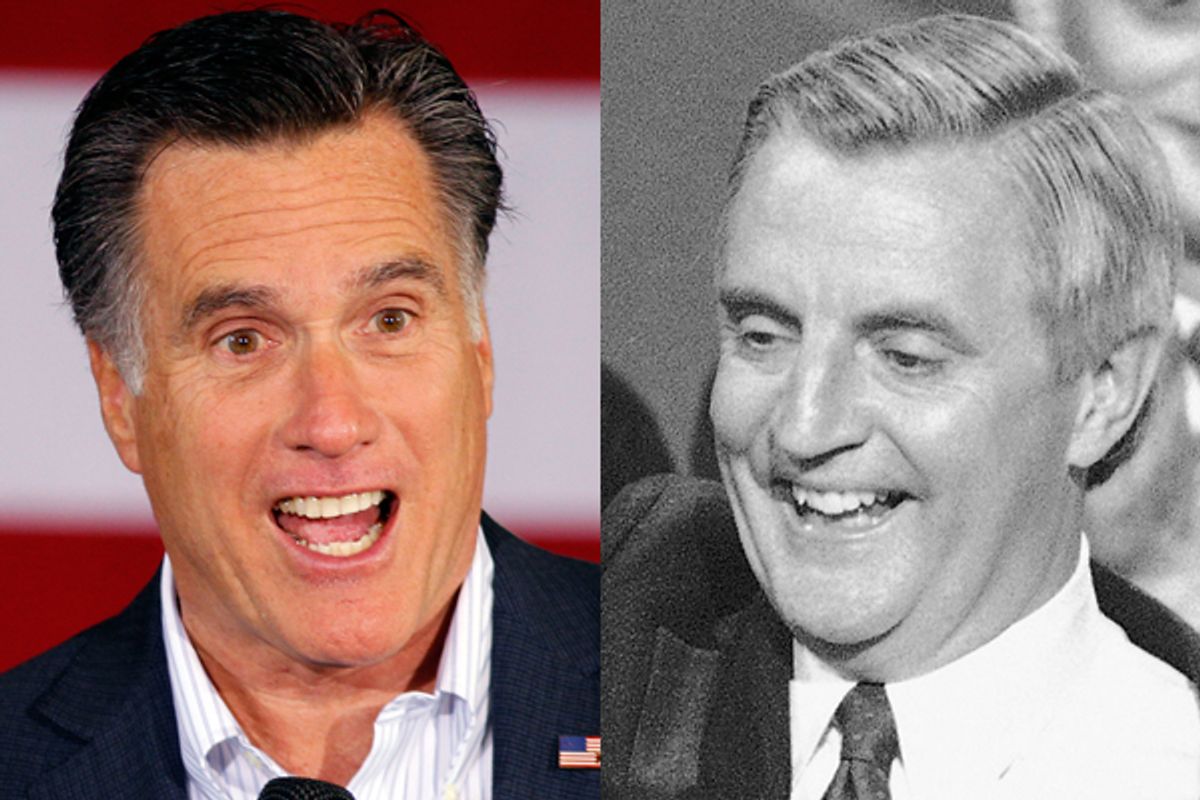Mitt Romney. Right: Democratic presidential nominee Walter Mondale in 1984       (AP)
