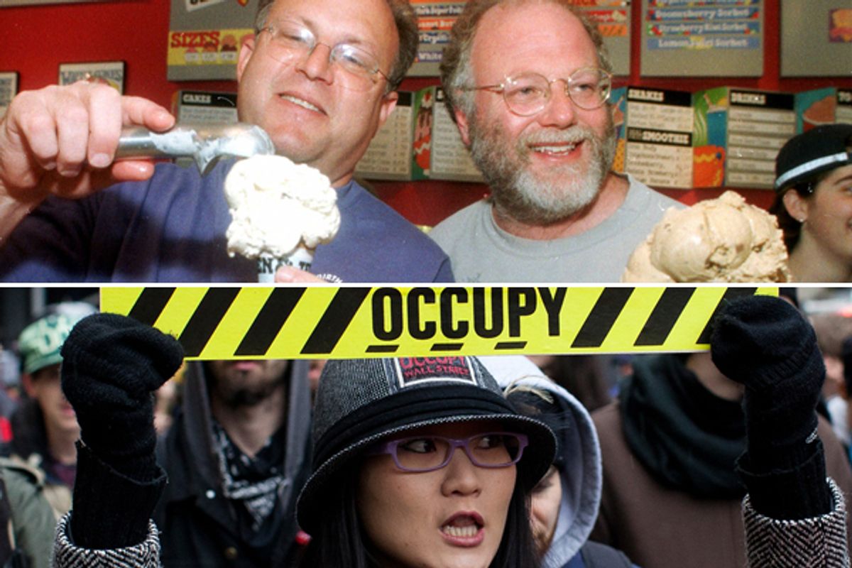 Ben & Jerry founders Jerry Greenfield and Ben Cohen (top) and an Occupy Wall Street protester.   (AP/Toby Talbot/John Minchillo)