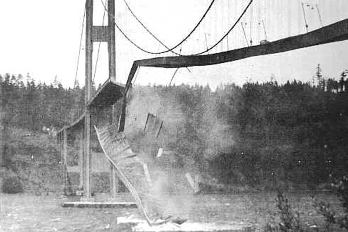  The Tacoma Narrows Bridge known as "Galloping Gertie" during its 1940 collapse.   