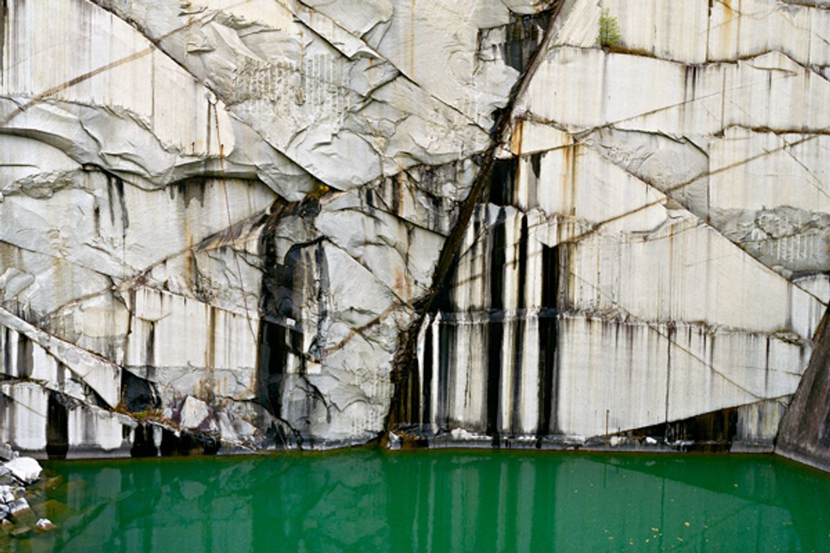 Detail from Edward Burtynsky's "Rock of Ages #4, Abandoned Section, Adam-Pirie Quarry, Barre, Vermont, 1991." (See slide show for the complete photograph.) Digital chromogenic color print.      (Photograph courtesy Howard Greenberg & Bryce Wolkowitz, New York / Nicholas Metivier, Toronto.)