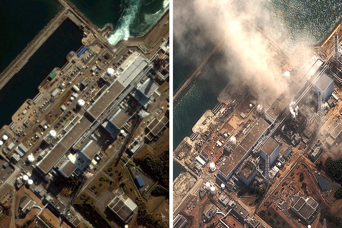 The Fukushima Daiichi nuclear plant on November 21, 2004 (L) and on March 14, 2011 (R) as the No.3 nuclear reactor is burning after a blast following an earthquake and tsunami.          (Ho New / Reuters)