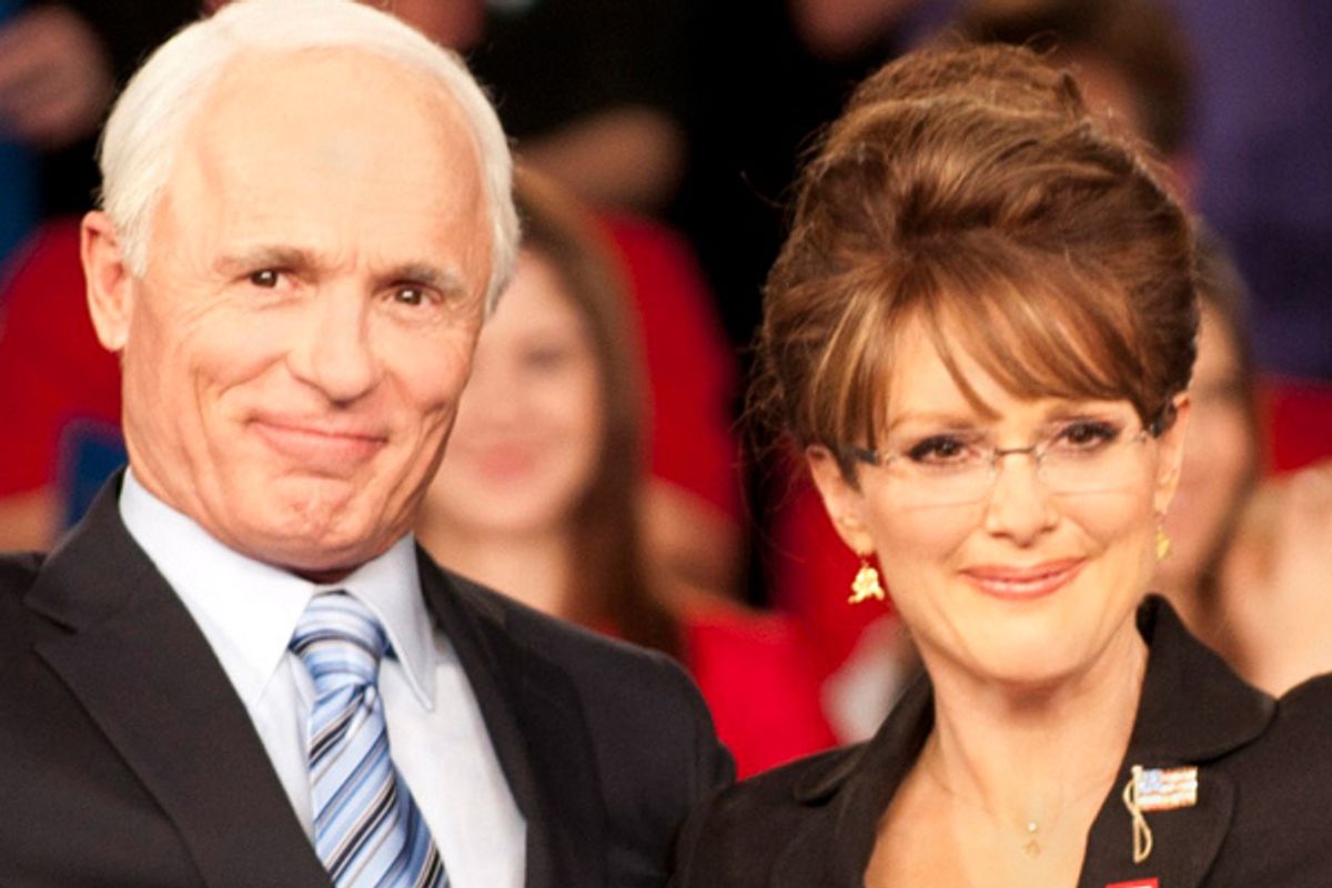 Ed Harris as John McCain and Julianne Moore as Sarah Palin in "Game Change" 