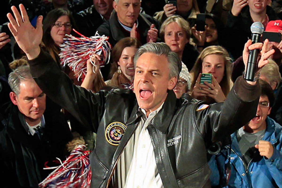 Jon Huntsman speaks at a town hall meeting in Exeter, New Hampshire, on Jan. 9.       (Reuters/Adam Hunger)