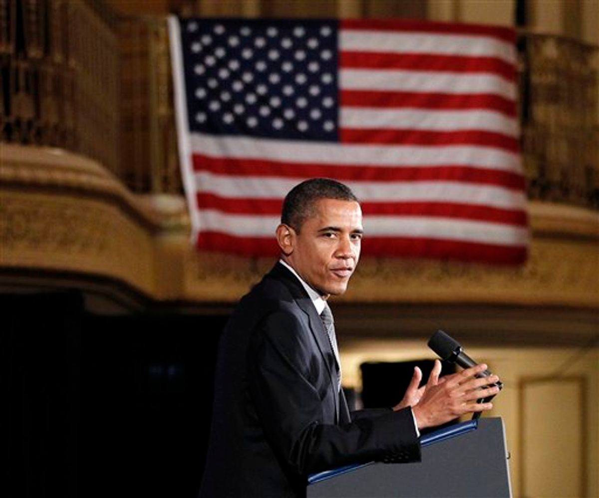 President Barack Obama speaks during a 'Lawyers for Obama Luncheon' fundraiser, Friday, March, 16, 2012, at the Palmer House Hotel in Chicago.  (AP Photo/Pablo Martinez Monsivais)          (AP)