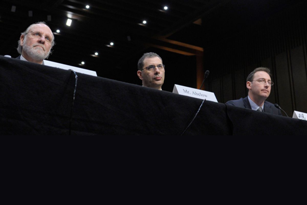 MF Global executives Jon Corzine, Bradley Abelow and Henri Steenkamp. (AP/Susan Walsh)