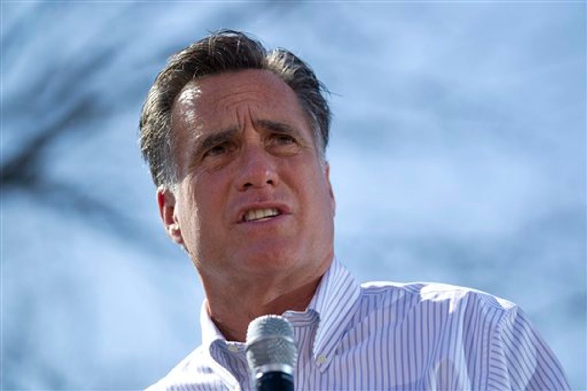 Republican presidential candidate, former Massachusetts Gov. Mitt Romney speaks in St. Louis, Mo., Tuesday, March 13, 2012.  (AP Photo/Evan Vucci)    (AP)