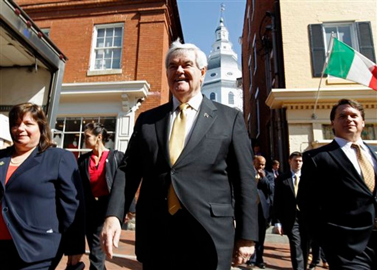 Republican presidential candidate, former House Speaker Newt Gingrich walks in the streets of Annapolis during a visit to Maryland State House, Tuesday, March, 27, 2012. (AP Photo/Jose Luis Magana)            (AP)