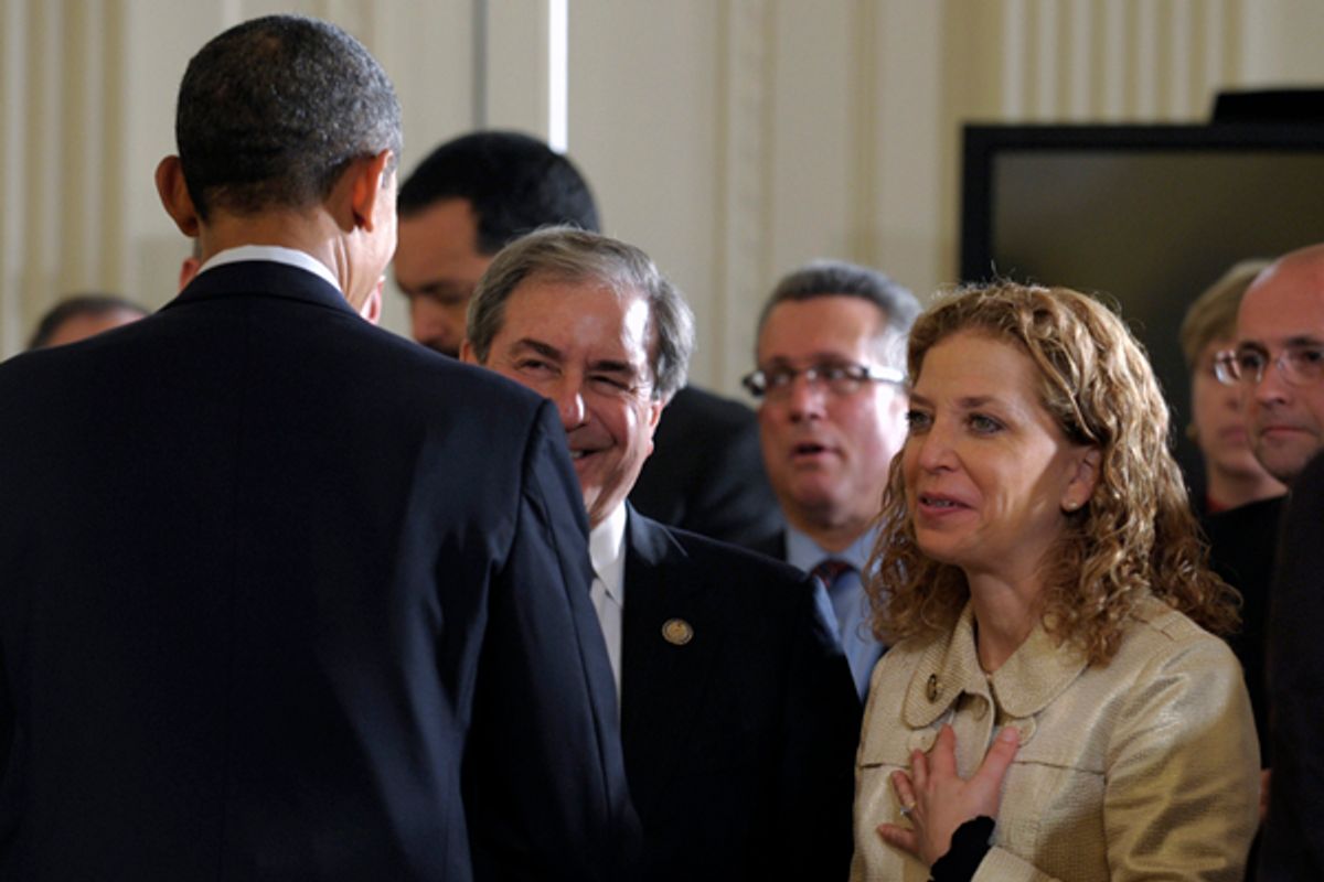 Democratic National Committee Chair, Rep. Debbie Wasserman Schultz speaks with President Barack Obama                   (AP/Susan Walsh)