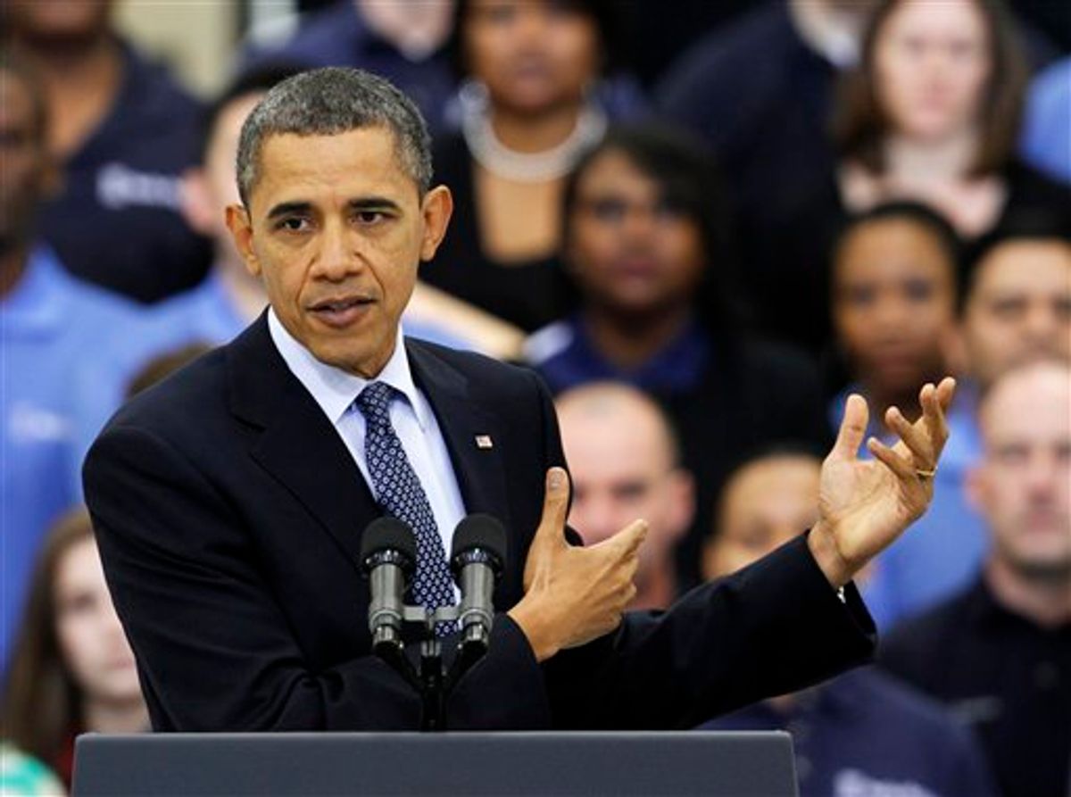 President Barack Obama gestures during a speech on the economy,Friday, March 9, 2012, at the Rolls Royce  aircraft engine part production plant in Prince George, Va. (AP Photo/Steve Helber)       (AP)