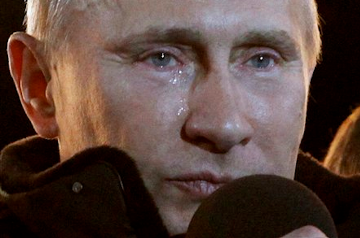 Russian Prime Minister Vladimir Putin, who claimed victory in Russia's presidential election, tears up as he reacts at a massive rally in Moscow, Sunday, March 4, 2012  (AP Photo/Ivan Sekretarev)
