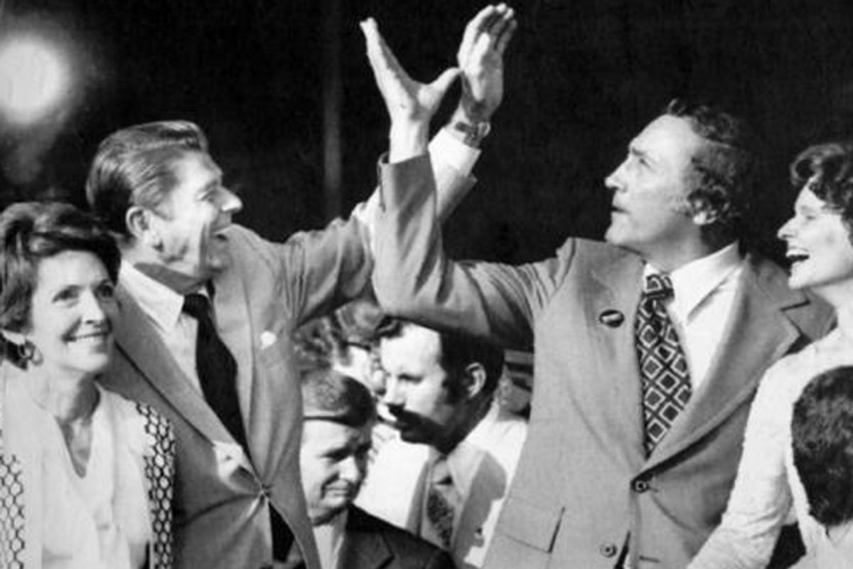 Ronald Reagan and his running mate Senator Richard Schweiker in Kansas City, Mo., in 1976.          (AP)