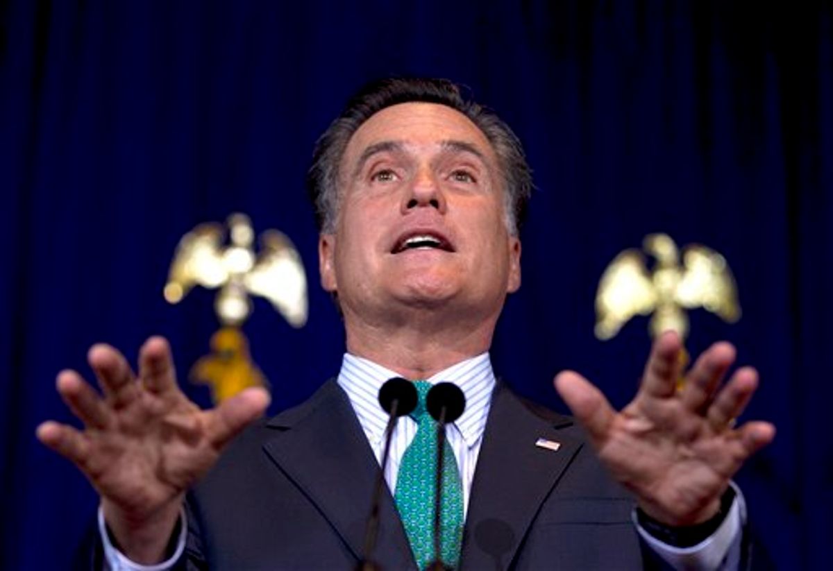 Republican presidential candidate, former Massachusetts Gov. Mitt Romney speaks at the University of Chicago in Chicago, Monday, March 19, 2012. (AP Photo/Steven Senne)     (AP)