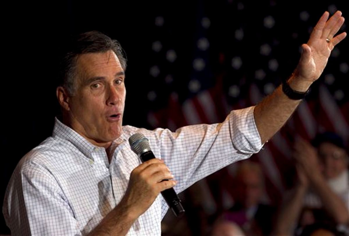 Republican presidential candidate, former Massachusetts Gov. Mitt Romney addresses an audience during a campaign stop at an American Legion post in Arbutus, Md., Wednesday, March 21, 2012. (AP Photo/Steven Senne)       (AP)