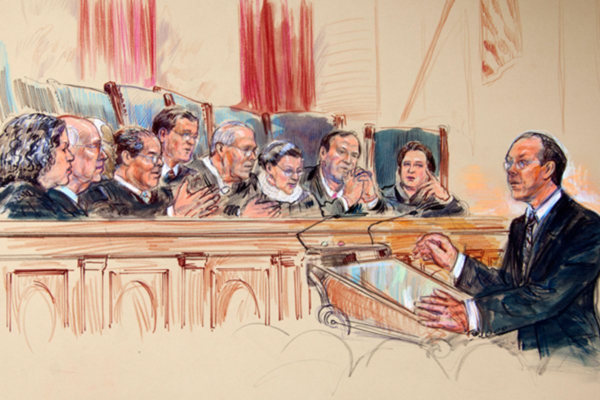Attorney Paul Clement speaks before the Supreme Court on Wednesday.     (AP/Dana Verkouteren)