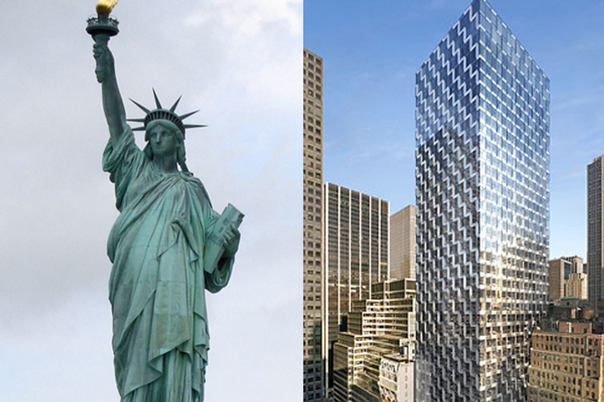 The Statue of Liberty and a rendering of the International Gem Tower in New York City       (Wikipedia)