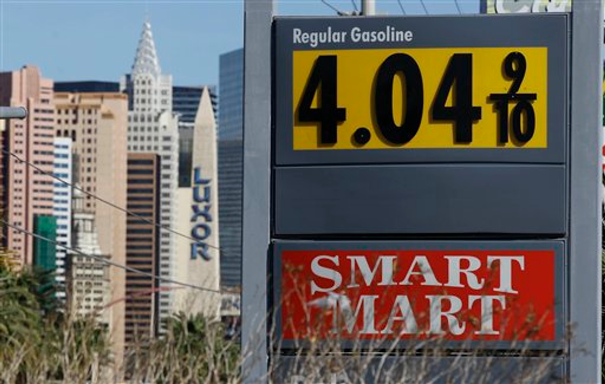 Gasoline prices of more than $4 are seen at a gas station on the south end of The Strip, Tuesday, March 20, 2012, in Las Vegas       (AP Photo/Julie Jacobson)