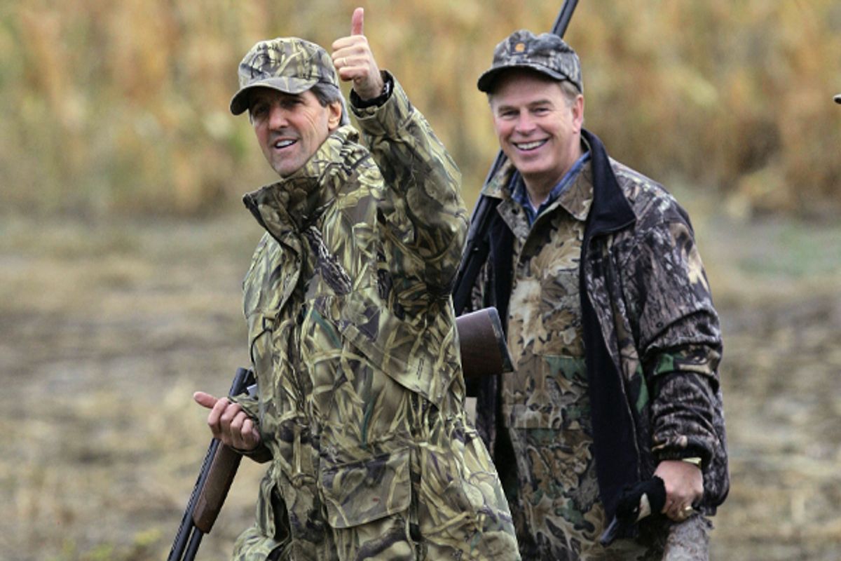 Sen. John Kerry and Rep. Ted Strickland return from a goose hunting trip in Oct., 2004.        (AP/Gerald Herbert)