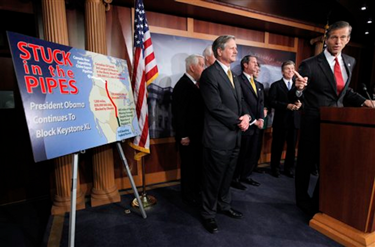 Sen. John Thune, R-S.D., right, speaks about the Keystone XL pipeline during a news conference on Capitol Hill in Washington, Thursday, March 22, 2012        (AP Photo/Charles Dharapak)
