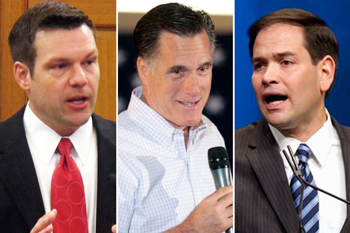 Kris Kobach, Mitt Romney, and Marco Rubio        (AP/Reuters)