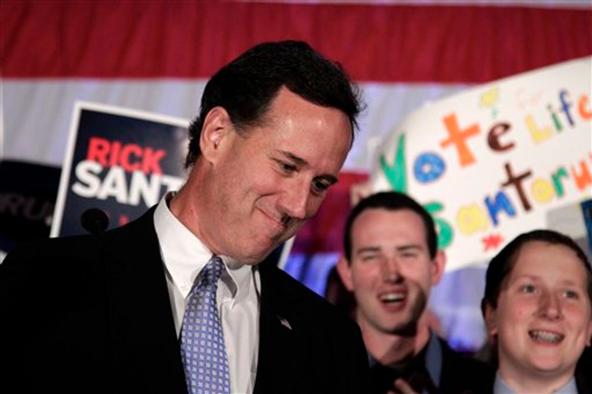 Republican presidential candidate, former Pennsylvania Sen. Rick Santorum speaks during a primary election night party in Cranberry, Pa., Tuesday, April 3, 2012. (AP Photo/Jae C. Hong)           (AP)