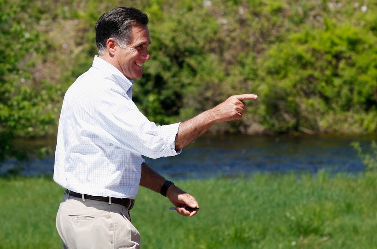 Republican presidential candidate and former Massachusetts Governor Mitt Romney gestures as he leaves a campaign event in Hillsborough, New Hampshire May 18, 2012.     (Reuters/Jessica Rinaldi)