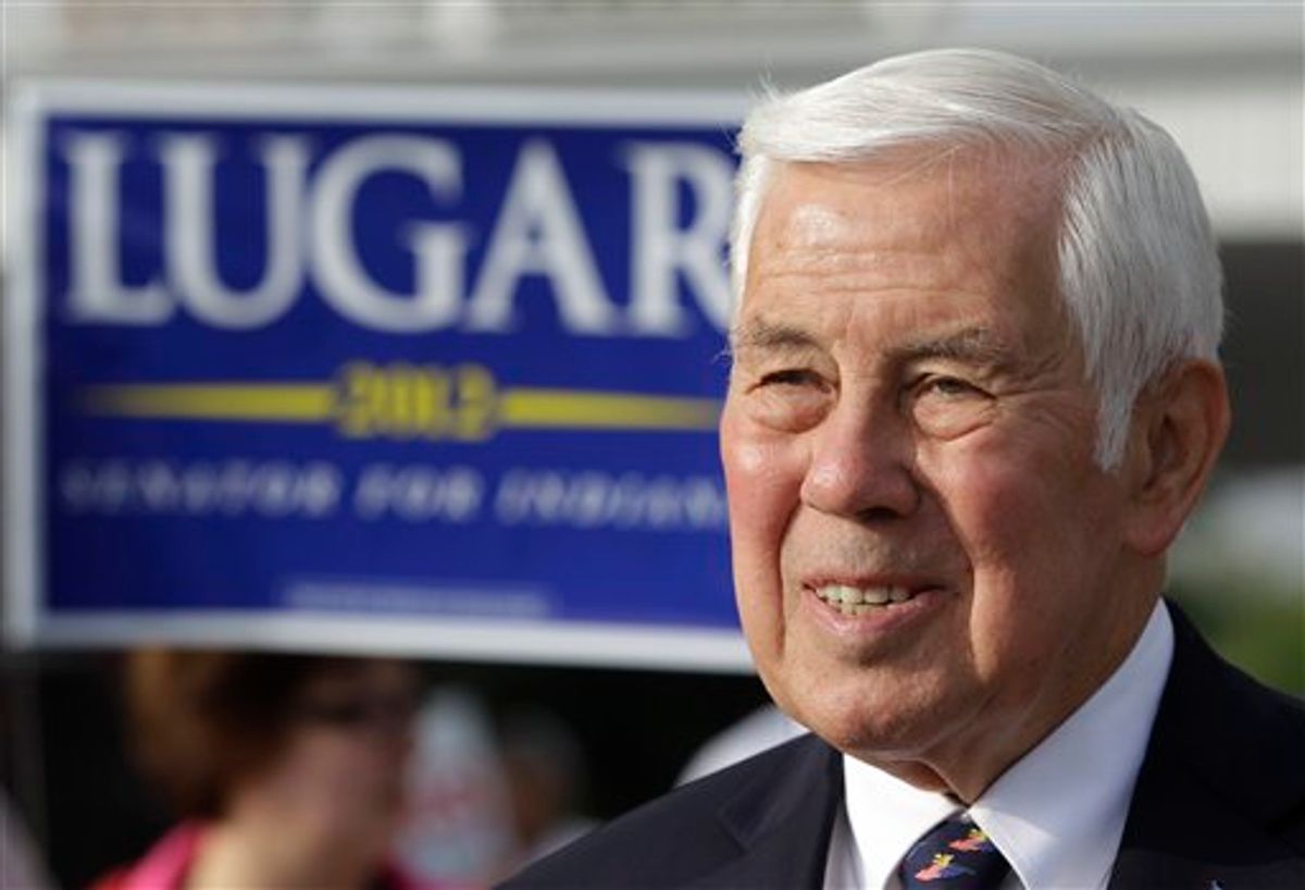 Sen. Richard Lugar meets with voters outside of a polling location Tuesday, May 8, 2012, in Greenwood, Ind. Lugar is being challenged by two-term state Treasurer Richard Mourdock. (AP Photo/Darron Cummings)   (AP)