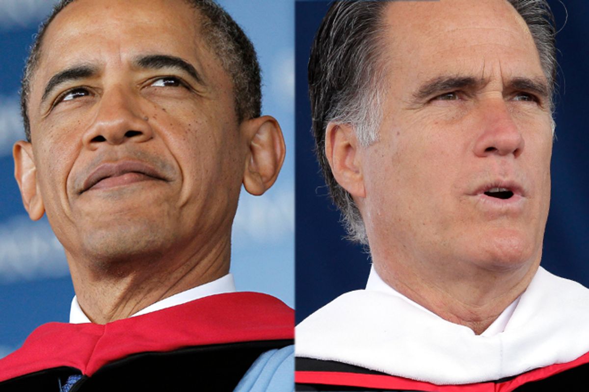 President Obama at Barnard College and Mitt Romney at Liberty University
       (AP)