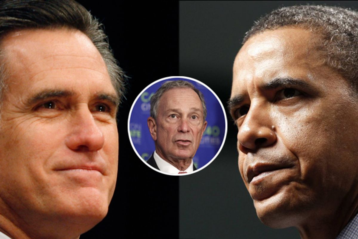 Mitt Romney, Michael Bloomberg and Barack Obama     (AP)