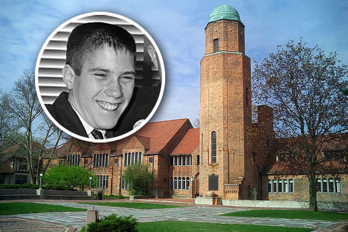 Mitt Romney in 1962 (inset) and Cranbrook Tower and Quadrangle
       (AP/Wikipedia)