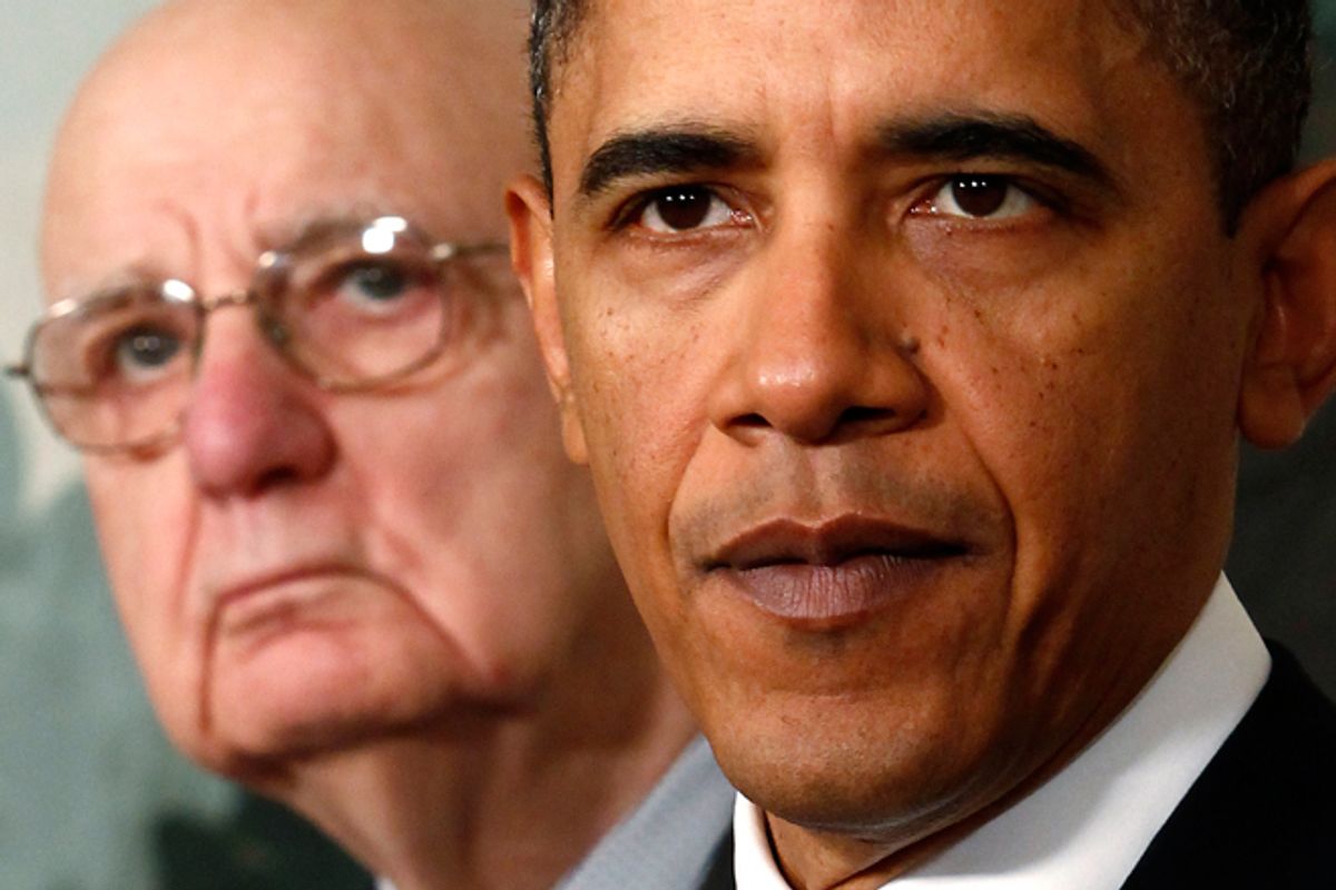 Paul Volcker and President Obama       (Reuters/Kevin Lamarque)