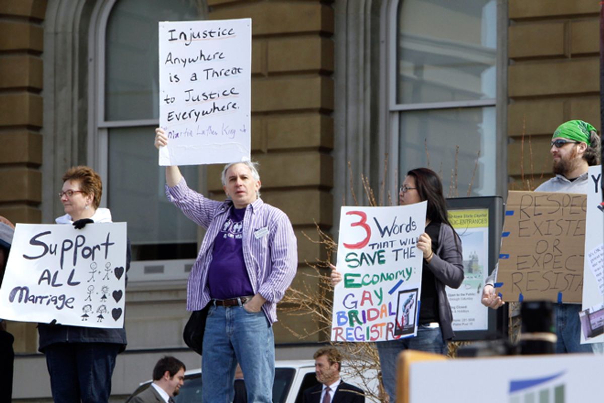 Gay marriage supporters at the Capitol in Des Moines, Iowa.     (AP/Charlie Neibergall)