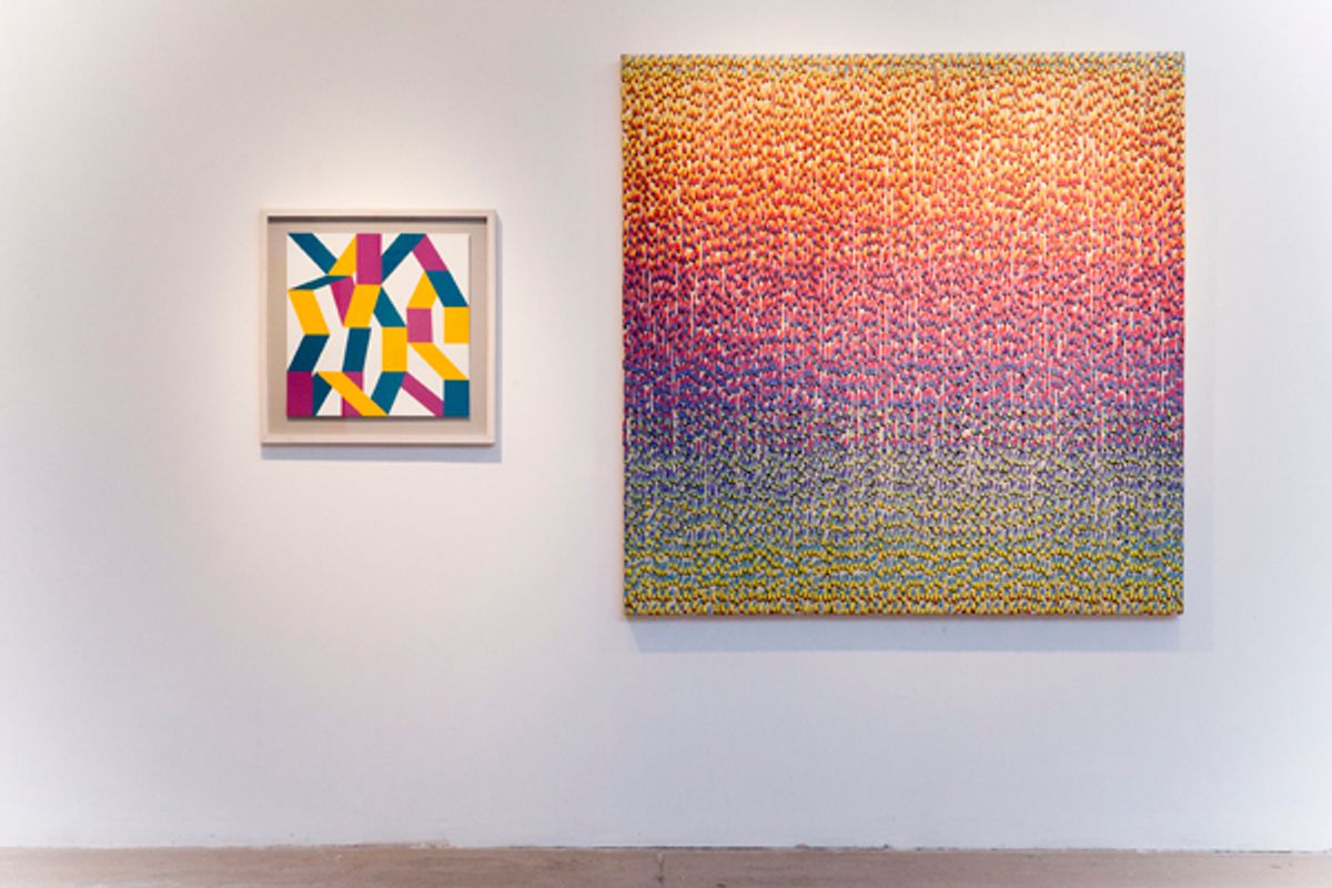 (left) Kati Vilim, “Choices,” 2012, oil on paper, 19.5 x19.5 in. (right) Peter Fox, “A Field”, 2010, acrylic on canvas, 60 x 60 in. (all images courtesy of Laura Desantis-Olsson)