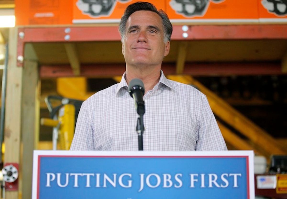 Republican presidential candidate, former Massachusetts Gov. Mitt Romney speaks about job numbers, Friday, July 6, 2012, at Bradley's Hardware in Wolfeboro, N.H.    (AP Photo/Charles Dharapak)