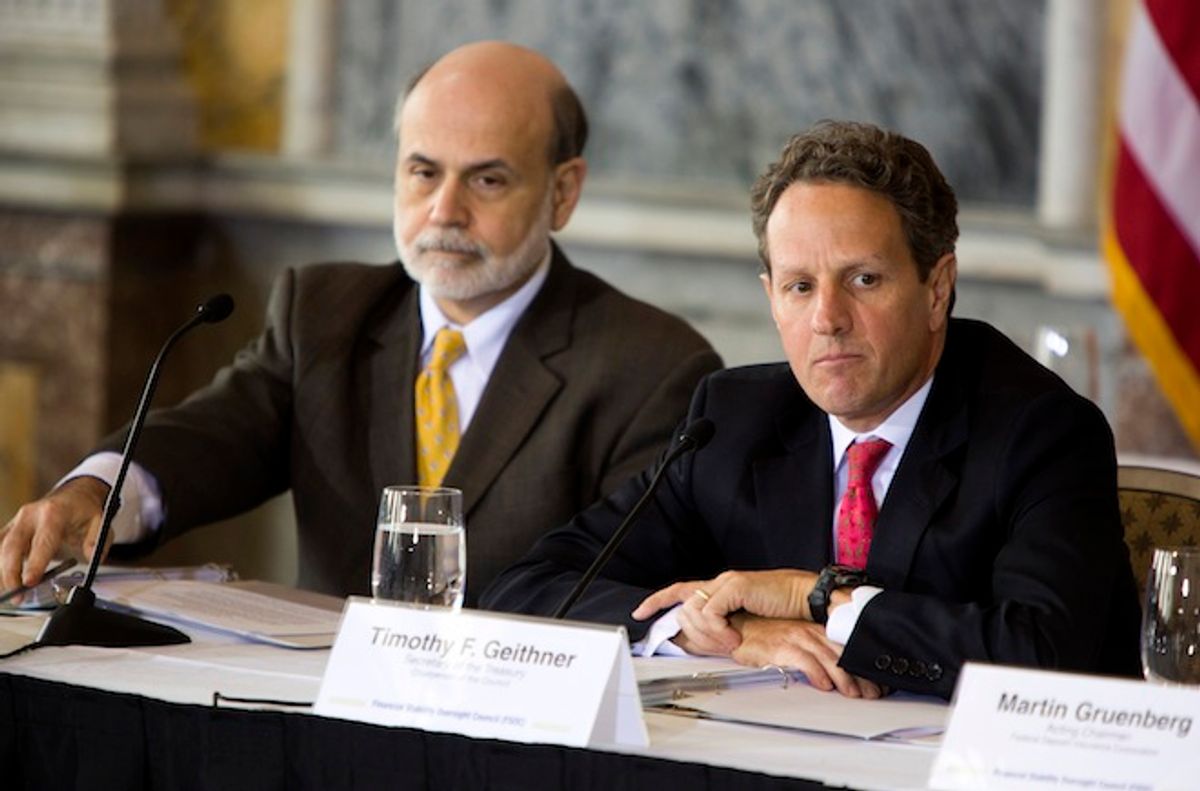 Timothy Geithner (right) and Ben Bernanke attend a meeting of the Financial Stability Oversight Council in Washington in April.                (Reuters/Joshua roberts)