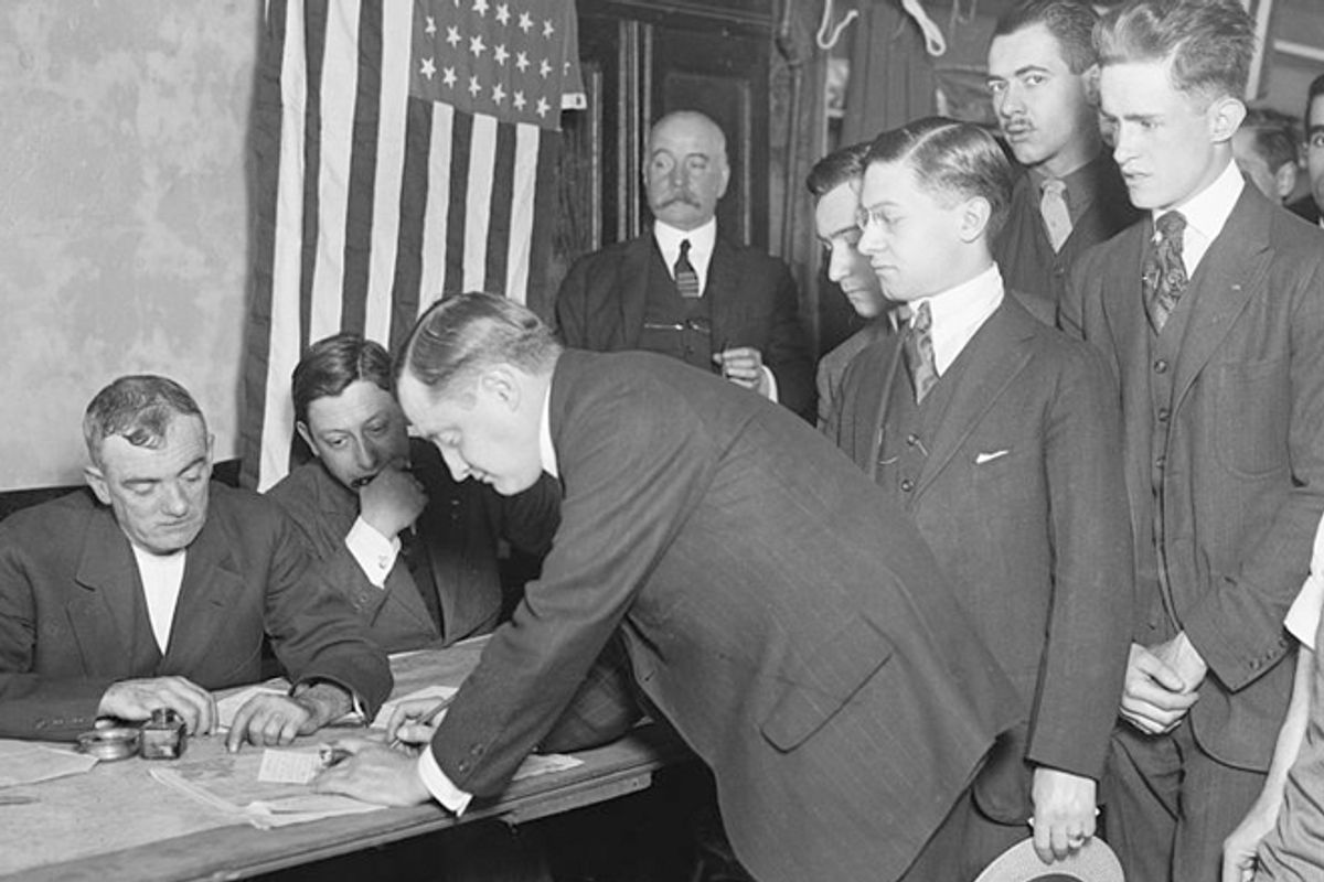 Young men registering for military conscription in New York City on June 5, 1917.   (Library of Congress)