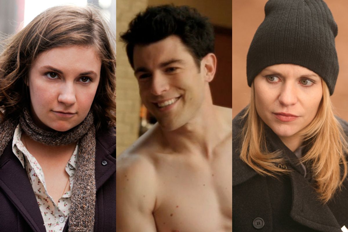 Lena Dunham in "Girls," Max Greenfield in "New Girl" and Claire Danes in "Homeland"      