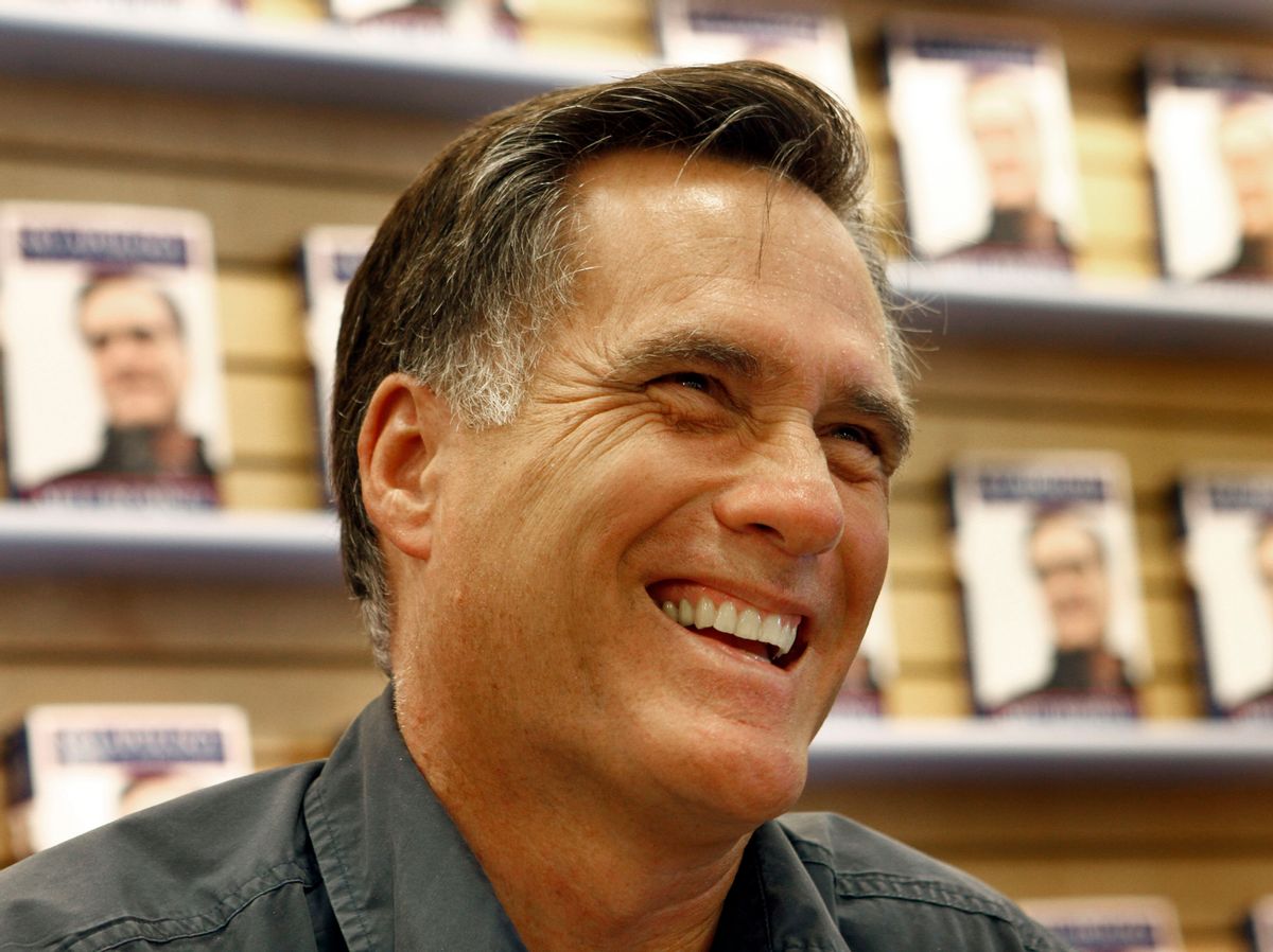 Republican presidential candidate and former Massachusetts gov. Mitt Romney signs copies of his book "No Apology: The Case for American Greatness" at a Barnes and Noble, Wednesday, April 7, 2010, in Manchester, N.H. (AP Photo/Mary Schwalm)