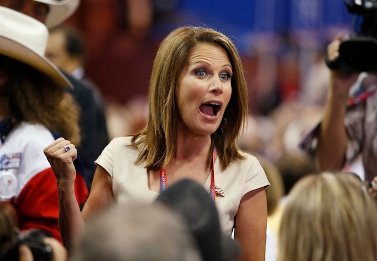 Rep Michele Bachman, R-Minn., talks to delegates at the Republican National Convention in Tampa, Fla., on Aug. 28, 2012.       (AP/Jae C. Hong)