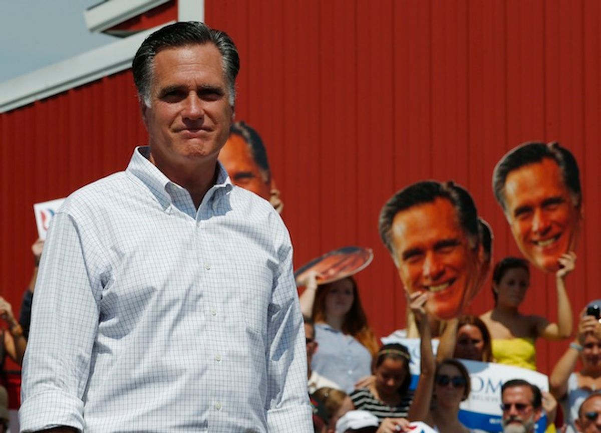 Republican presidential candidate and former Massachusetts Governor Mitt Romney speaks at a campaign rally at the Long Family Orchard and Farm in Commerce, Michigan August 24, 2012.      (Reuters/Brian Snyder)